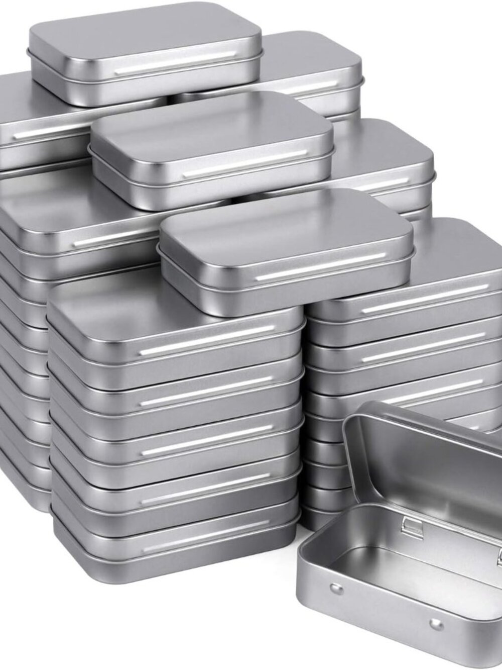 Metal Rectangular Empty Hinged Tins, Pack of 40, Silver